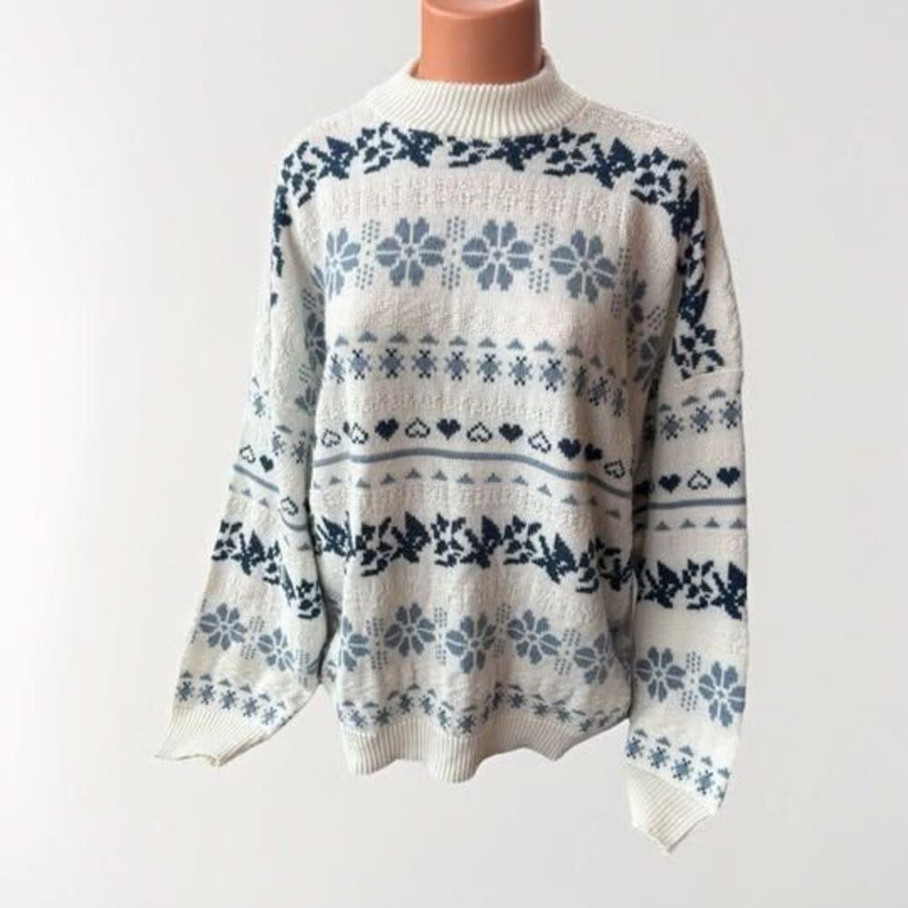VTG American Pride Womens Fair Isle Heart Sweater XL Size 22 Plus Knit Blue